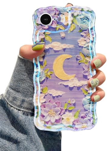 EYZUTAK Case for iPhone 17e/iPhone 16e, Colorful Retro Oil Painting Flower Moon Pattern Laser Cute Curly Wave Edge Exquisite Phone Cover Stylish Durable TPU Protective Case for Women - Purple White - color: Purple White, size: iPhone 17e/iPhone 16e