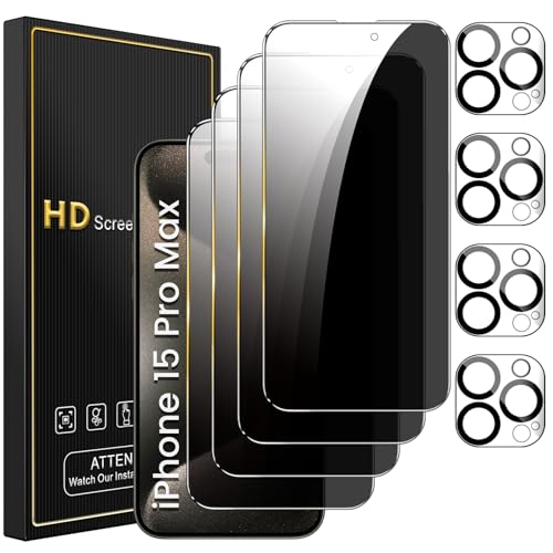 Romkasi 4 Pack Privacy Screen Protector for iPhone 15 Pro Max 6.7 Inch with 4 Pack Camera Lens Protector, Anti Spy Tempered Glass Film, Anti-Scratch, Touch Sensitive, Case Friendly - color: iPhone 15 Pro Max