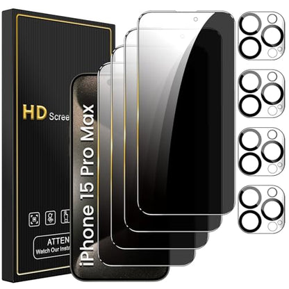 Romkasi 4 Pack Privacy Screen Protector for iPhone 15 Pro Max 6.7 Inch with 4 Pack Camera Lens Protector, Anti Spy Tempered Glass Film, Anti-Scratch, Touch Sensitive, Case Friendly - color: iPhone 15 Pro Max