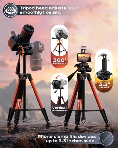 73" Camera Tripod for Camera and Phone, Aluminum Travel Tripod - color: Orange