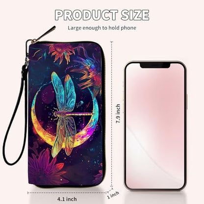 Ladies Wallet,Clutch Purses for Women Wallets Leather Credit Card Holder for Women Wristlet Slim Small Cute with Zipper,Thin RFID Blocking with Wrist Strap,Glitter Dragonfly Moon - color: Glitter Dragonfly Moon