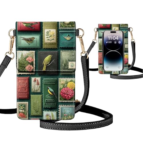 Small Crossbody Bags for Women Touchscreen Cell Phone Bag Cross Body Purses with adjustable Strap,Gifts For Teenage Girls - color: Bird and Flower Stamps