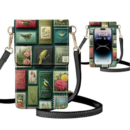 Small Crossbody Bags for Women Touchscreen Cell Phone Bag Cross Body Purses with adjustable Strap,Gifts For Teenage Girls - color: Bird and Flower Stamps