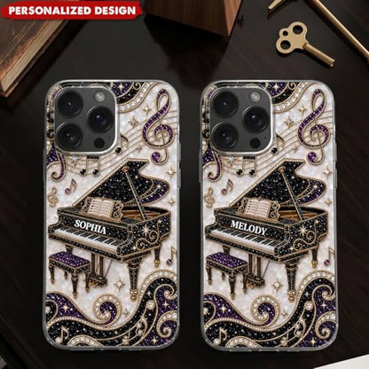 Grand Piano Music Note Phone Case -Personalized Gift for Pianists Custom Name Protective Cellphone Cover Unique Musician Present Music Teacher Student Birthday Holiday Accessory Multicolor