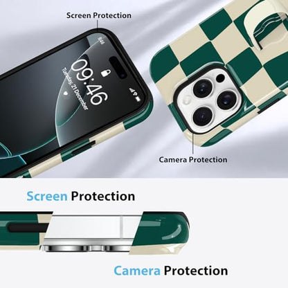KANGHAR Compatible with iPhone 16 Pro Case Checkered -Green White | Silicone Cute Pattern, Finger Hold Wristband Kickstand Camera Protection Soft Slim Phone Case for Girls Women - color: (Checkered)Green White, size: iPhone 16 Pro