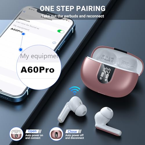 Wireless Earbuds, 2024 Wireless Headphones HiFi Stereo Earphones with 4 ENC Noise Canceling Mic, 42Hs Playtime In Ear Earbud, Bluetooth 5.3 Sport Earphones with LED Power Display for Android iOS Pink - color: pink gold