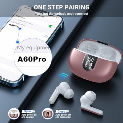 Wireless Earbuds, 2024 Wireless Headphones HiFi Stereo Earphones with 4 ENC Noise Canceling Mic, 42Hs Playtime In Ear Earbud, Bluetooth 5.3 Sport Earphones with LED Power Display for Android iOS Pink - color: pink gold