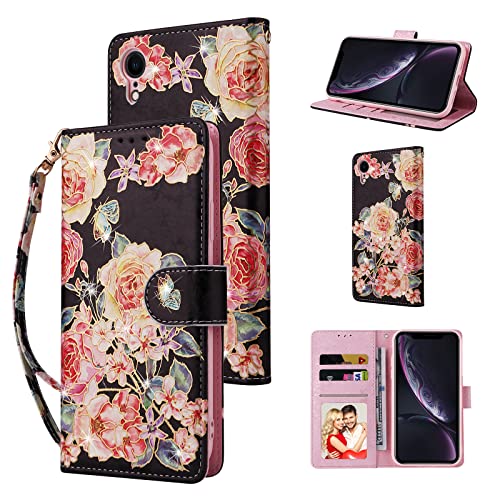 UEEBAI Wallet Case for iPhone XR, PU Leather Phone Case Kickstand RFID Blocking Flip Case with Card Slots Wrist Strap Relief Engraved Pattern Magnetic Closure Folio Case - Black Rose - color: Black Rose