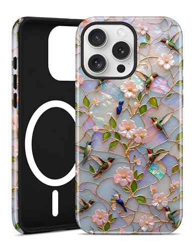 Magnetic Flower Phone Case for iPhone 17 Pro, Blue Green | Compatible with MagSafe, Cute Stained Glass Bird Aesthetic, TPU and PC Protective Phone Cover for Women Men Girls Boys - color: Blue Green Bird