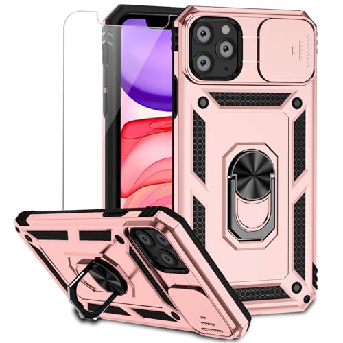 for iPhone 11 Pro Case with Camera Lens Cover HD Screen Protector, Dual Layer Military Grade Drop Protection Magnetic Ring Holder Kickstand Protective Phone Case for iPhone 11 Pro 5.8 inch (Rose Gold) - color: Rose Gold with camera cover Military-Grade 2n