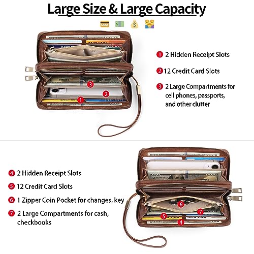 GAEKEAO RFID Leather Wristlet Wallet for Women with Grip Strap | Large capacity clutch wallet, credit card holder, wrist strap, zipper purse, travel and shopping - color: A01 Retro Brown Tan