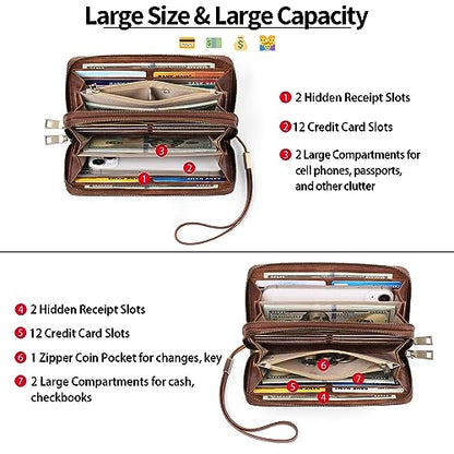 GAEKEAO RFID Leather Wristlet Wallet for Women with Grip Strap | Large capacity clutch wallet, credit card holder, wrist strap, zipper purse, travel and shopping - color: A01 Retro Brown Tan