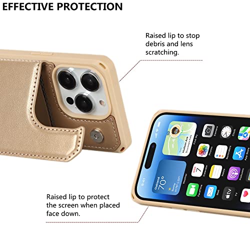 iCoverCase Compatible with iPhone 14 Pro Wallet Phone Case with Card Holder for Women, RFID Blocking Embossed PU Leather Wrist Strap Case 6.1 Inch (Macaron Gold) - color: P-Gold