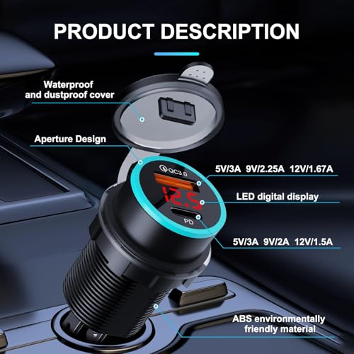 BlueFire USB C Car Charger Socket, 20W PD & QC3.0 with Voltmeter