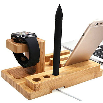 Bamboo Wood Multi-Device Desktop Charging Dock Station Charger Holder Cradle Charge Stand for iPhone 16 15 14 13 12 11 Pro Max iWatch 2 3 4 5 Compatible with iPad Mini Air Pro 2 3 Smartphones