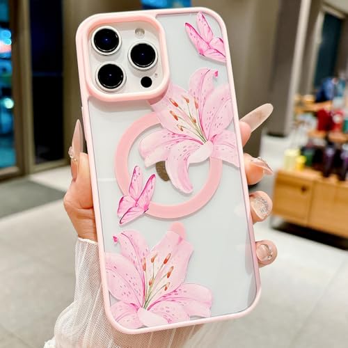 Magnetic for iPhone 12 Pro Max Case [Compatible with MagSafe] Cute Lily Flower Pattern Design for Summer Hawaiian, Clear Shockproof Protective Case for Girls Women-Pink - color: Pink, size: iPhone 12 Pro Max