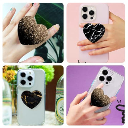 3 Pack Expandiing Cell Phone Grip Heart Shape Glass Finger Holder for Smartphones, Cellphone Collapsible Stand - Black Gold Marble