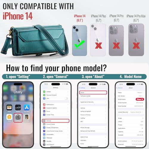 Strapurs Wallet Case Compatible with iPhone 14 RFID Blocking 7-Card Holder Soft PU Leather Magnetic Snap Shoulder Strap Zipper Pocket Phone Case Fit for iPhone 14 for Women 6.1" - Blue Green | RFID Blocking 7-Card Holder, Shoulder Lanyard, Wirst Strap, Zi