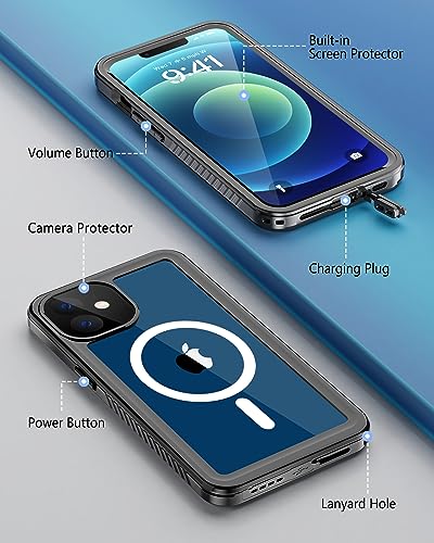 Beeasy for iPhone 12 Waterproof Case Compatible with Magsafe IP68 Underwater Military Grade, Phone Case with Shockproof, Dustproof, Rugged 360 Full Body Protection Cover with Built-in Screen Protector - size: iPhone 12 (6.1")