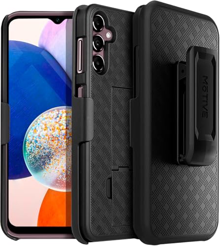 MOTIVE for Samsung Galaxy A14 Case with Belt Clip, Rigid, Kickstand | 6.6" | Ranger v1 Series, Black, 360° holster, open-top/open-bottom port access, textured grip, slim design - size: A14