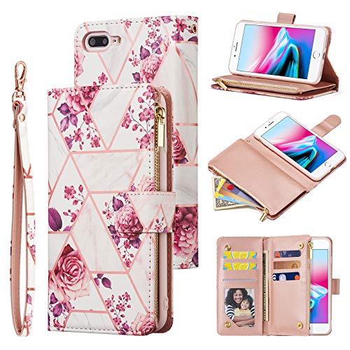 UEEBAI Wallet Case for iPhone 7 Plus iPhone 8 Plus, Premium PU Leather Case Magnetic Closure Geometric Marble Flower Pattern Handbag Zipper Pocket Case Kickstand Card Slots Flip Cover - Rose Gold#2 - color: Pink Flower, size: iPhone 7 Plus/iPhone 8 Plus