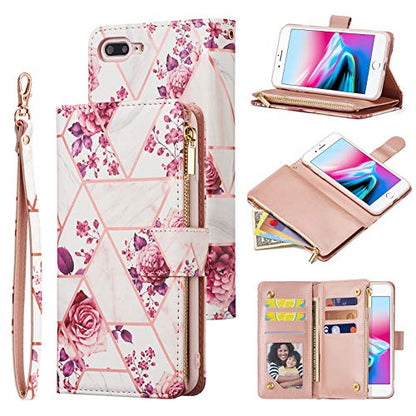 UEEBAI Wallet Case for iPhone 7 Plus iPhone 8 Plus, Premium PU Leather Case Magnetic Closure Geometric Marble Flower Pattern Handbag Zipper Pocket Case Kickstand Card Slots Flip Cover - Rose Gold#2 - color: Pink Flower, size: iPhone 7 Plus/iPhone 8 Plus