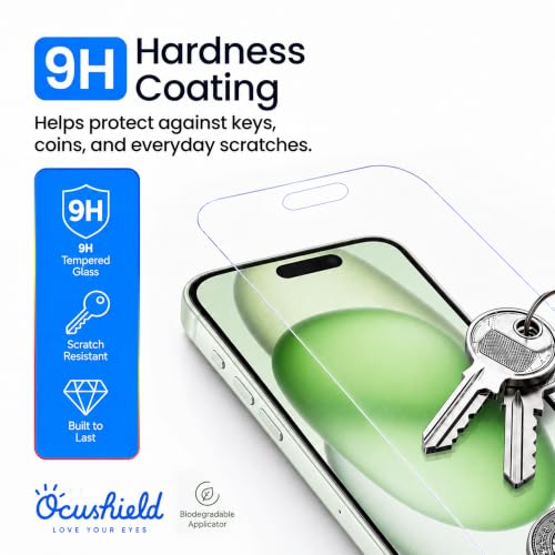 Ocushield Anti Blue Light Tempered Glass Screen Protector of iPhone 15 Plus (6.7") – Blocks Blue Light, Prevents Eye Strain & Helps You Sleep Better, 9H Hardness & Case Friendly | Fits 6.7 inch display. 9H tempered glass blocks UV & blue light. Anti-bacte