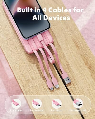 charmast Portable Charger with Built-in Cables X 4, Portable Phone Charger - color: Pink