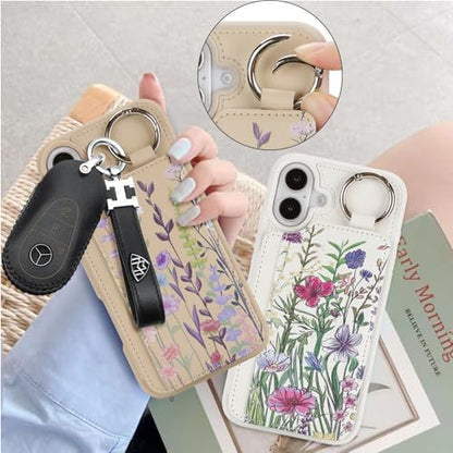 Ｈａｖａｙａ for iPhone 16 Case Wallet with Card Holder Keychain Ring Stand PU Leather Phone case Floral Flower with Credit Card Slots Women Men-Beige Flower 2 - color: Beige[floral flower2]