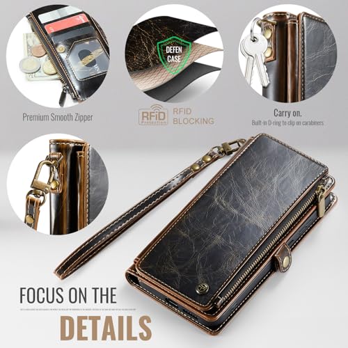 Defencase for Samsung Galaxy A16 5G Wallet Case with Card Holder, Coffee | RFID Blocking, Zipper Pocket, Durable PU Leather, Wrist Strap, Fashion Snap Flip Phone Cases Cover with Stand for Women Men - color: Coffee