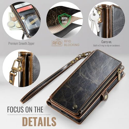 Defencase for Samsung Galaxy A16 5G Wallet Case with Card Holder, Coffee | RFID Blocking, Zipper Pocket, Durable PU Leather, Wrist Strap, Fashion Snap Flip Phone Cases Cover with Stand for Women Men - color: Coffee