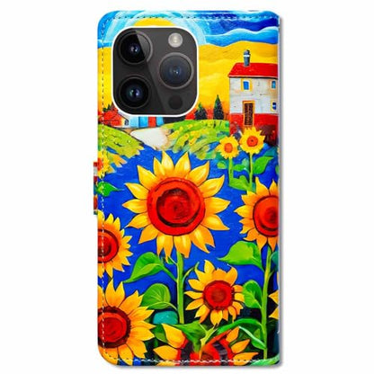 RFID Safe Case for iPhone 15 Pro Max,RFID Blocking,Sunflower House Leather Flip Phone Case Wallet Cover with Card Slot Holder Kickstand for iPhone 15 Pro Max - color: Sunflower House