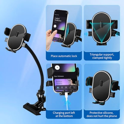 ROCKFREE Clip Phone Holder,Auto-Locking Clamp,360° Rotating Base,9.84" Arm - size: Long-9.84 inch Arm