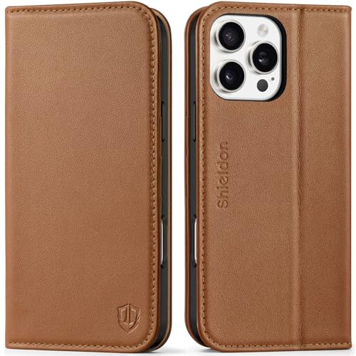 SHIELDON Real Leather Case Wallet for iPhone 16 Pro Max 6.9", Saddle Brown | Flip Magnetic Cover, RFID Blocking, Credit Card Slot, Kickstand, Book Design, Soft Shockproof Phone Shell - color: Saddle Brown