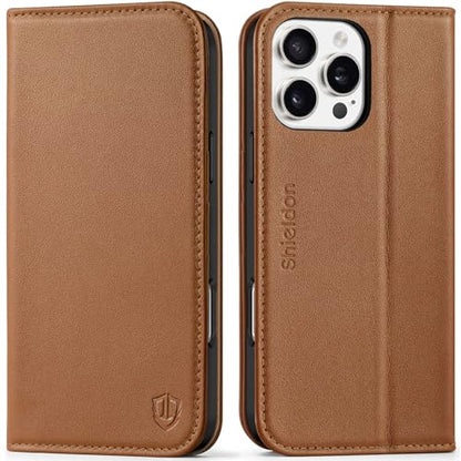 SHIELDON Real Leather Case Wallet for iPhone 16 Pro Max 6.9", Saddle Brown | Flip Magnetic Cover, RFID Blocking, Credit Card Slot, Kickstand, Book Design, Soft Shockproof Phone Shell - color: Saddle Brown