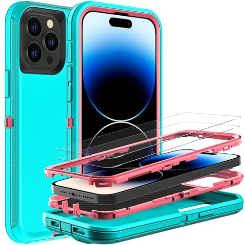 YKHJKLEC for iPhone 14 Pro Case, Military Grade 3 in 1 Heavy Duty Shockproof/Drop Proof/Dust Proof Case with 2Pcs Tempered Glass Screen Protector (Aqua Blue/Pink) - color: Aqua Blue/Pink