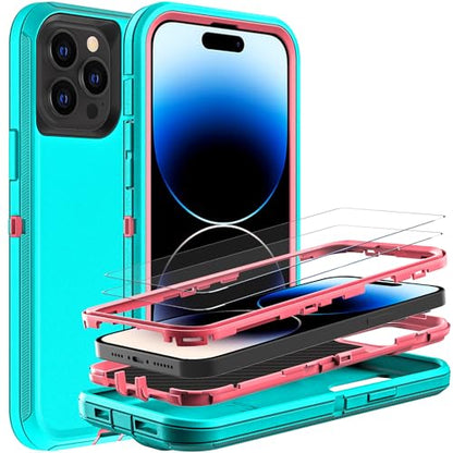 YKHJKLEC for iPhone 14 Pro Case, Military Grade 3 in 1 Heavy Duty Shockproof/Drop Proof/Dust Proof Case with 2Pcs Tempered Glass Screen Protector (Aqua Blue/Pink) - color: Aqua Blue/Pink