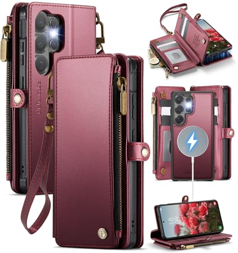 Defencase for Galaxy S26 Ultra Case Wallet Compatible with Magsafe, WineRed | Magnetic Detachable, RFID Bolcking Card Holder, Zipper Strap, PU Leather Drop-Proof Phone Cover for Samsung Galaxy S26 Ultra - color: (Detachable with Magsafe)-Wine Red