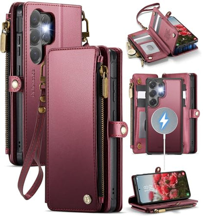 Defencase for Galaxy S26 Ultra Case Wallet Compatible with Magsafe, WineRed | Magnetic Detachable, RFID Bolcking Card Holder, Zipper Strap, PU Leather Drop-Proof Phone Cover for Samsung Galaxy S26 Ultra - color: (Detachable with Magsafe)-Wine Red