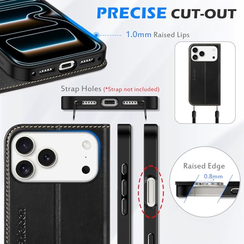 SHIELDON Real Leather Wallet Case for iPhone 17 Pro Max 6.9", Retro Black | Magnetic Closure, RFID Blocking, Credit Card Holder, Viewing Stand, Folio Design, Shockproof Protective Cover - color: Retro Black