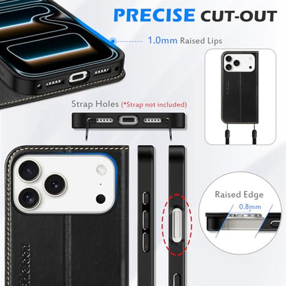 SHIELDON Real Leather Wallet Case for iPhone 17 Pro Max 6.9", Retro Black | Magnetic Closure, RFID Blocking, Credit Card Holder, Viewing Stand, Folio Design, Shockproof Protective Cover - color: Retro Black