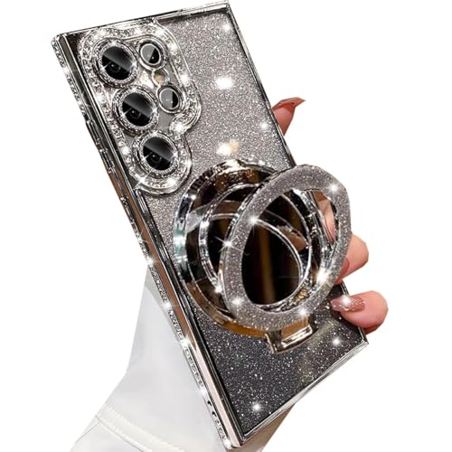 Changjia for Samsung Galaxy S25 Ultra Magnetic Kickstand Glitter Case,[Compatible with Magsafe] Bling Sparkly Rhinestone with Camera Protector Makeup Mirror Women Girl Case for Galaxy S25 Ultra,Silver - color: Silver