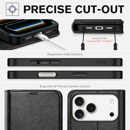 TUCCH Case Wallet for iPhone 17 Pro Max 6.9", RFID Blocking, Textured Black | 4 Card Holders, Kickstand, PU Leather, Magnetic Closure, Shockproof TPU Shell, Protective Flip Cover - color: Textured Black