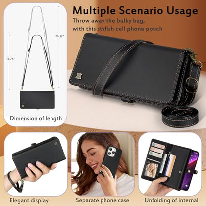 for Wallet Case Compatible with iPhone 13 Pro Max,Multi-Function Detachable 2 in 1 Magnetic iPhone 13 Pro Max Case Wallet,Flip Strap Zipper Card Holder Phone Case with Shoulder Straps (Black) - color: Black, size: iPhone 13 pro max