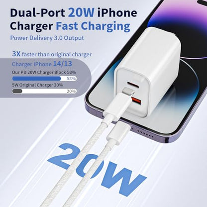 10FT iPhone Lightning Cable[Apple MFi Certified]2Pack 20W Apple Lightning Charger Dual Port USBA+C Charge Block with 10FT iPhone Fast Charging Woven Cable Cord for iPhone14/13/12/11/XS/XR/X/8/7/SE2022