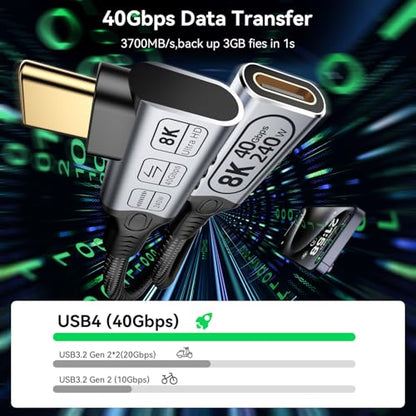 short right angle usb c extension 2FT Compatible with Thunderbolt 4 Extension Cable high Speed 40Gbps Data Transfer,8k/4k@60hz video,240w Fast Charging male to female usb-c 90 degree extension cable - size: 2 ft