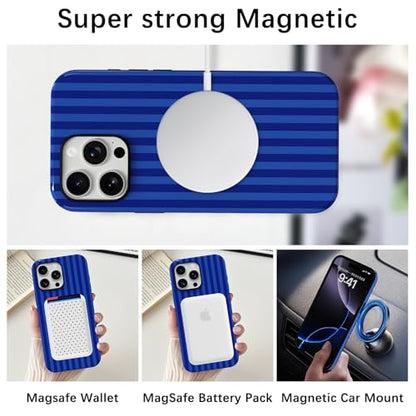 Skyseaco Compatible with iPhone 15 Pro Max Case with MagSafe, Cute Striped Phone Case for Women Girls, Soft TPU + Hard PC Dual Layer Shockproof Glossy Protective Cover, Navy Blue - color: Navy Blue, size: iPhone 15 Pro Max