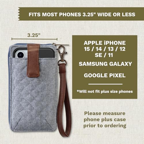 Bella Taylor Cell Phone Wristlet, Quilted Phone Wallet for Women | Lightweight, RFID blocking, phone pocket, built-in wallet, card organizer, coin pocket, secure zipper, quality construction - color: Blue Chambray