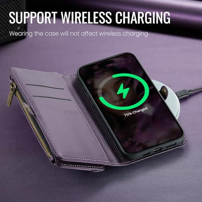 Defencase for iPhone 14 Wallet Case with RFID Blocking Card Holder, Purple | Durable Soft PU Leather, with Zipper Pocket, Wrist Strap, Fashion Snap Flip Phone Cases Cover with Stand for Women and Men - color: Purple