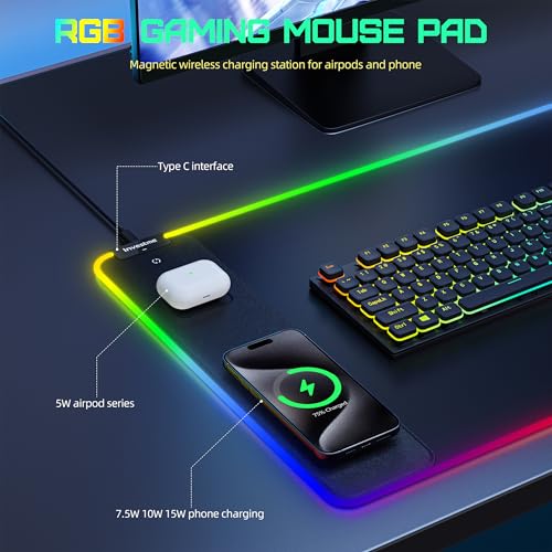 Wireless Charging RGB Gaming Mouse Pad, Large XXL Desk Mat, 31.5"x15.7"